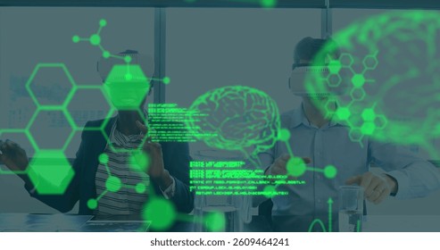 Image of human brain and medical data processing over people wearing vr headsets. global science, digital interface, technology and networking concept digitally generated image.