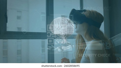 Image of human brain, scope over robot's arm and woman wearing vr headset in background. Digital interface global connection and communication concept digitally generated image.