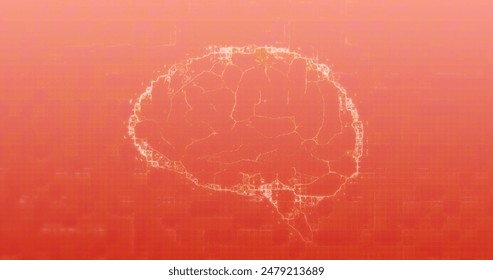 Image of human brain spinning on orange background. Global science, computing and data processing concept digitally generated image.