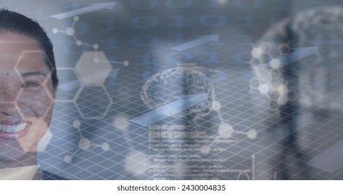 Image of human brains and data processing over biracial female doctor in hospital. Global medicine, healthcare, connections, computing and data processing concept digitally generated image.