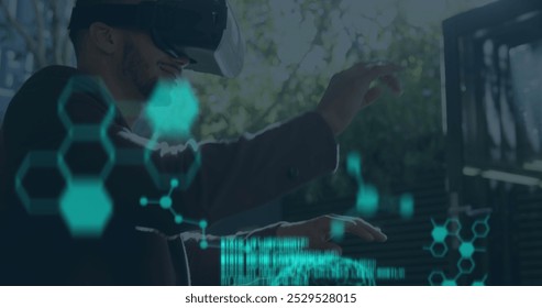 Image of human brains spinning and data processing over man wearing vr headset. business, science, connection, technology and digital interface concept digitally generated image.
