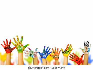 Image of human hands in colorful paint with smiles - Shutterstock ID 156674249