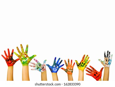 Image of human hands in colorful paint with smiles - Shutterstock ID 162833390
