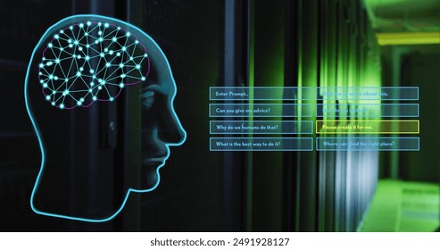 Image of human head and ai data processing over computer server. Global artificial intelligence, data processing, computing and digital interface concept digitally generated image.