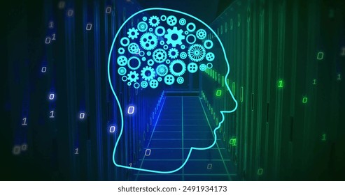Image of human head ai data processing over african american man using laptop. Global artificial intelligence, data processing, computing and digital interface concept digitally generated image.
