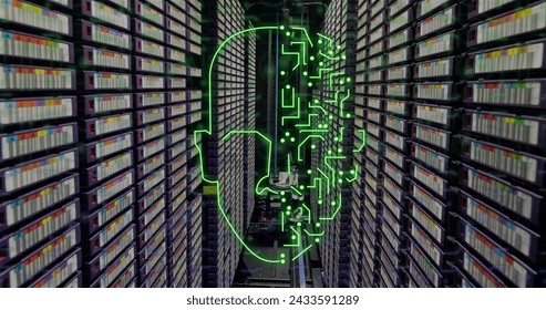Image of human head, connections and data processing over circuit board and servers. Global digital interface, cloud computing and data processing concept digitally generated image.