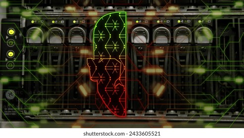 Image of human head, connections and data processing over circuit board and server. Global digital interface, cloud computing and data processing concept digitally generated image.