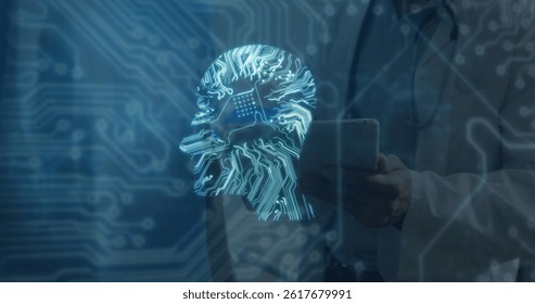 Image of human head icon over man using smartphone. global business, success, connections and data processing concept digitally generated image.