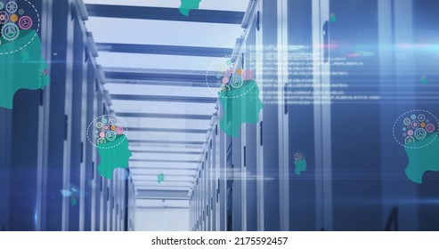 Image of human heads with cogs and data processing over computer servers. global technology, network of connections and digital interface concept digitally generated image.