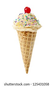 Image of ice cream with sprinkle and cherry against white background