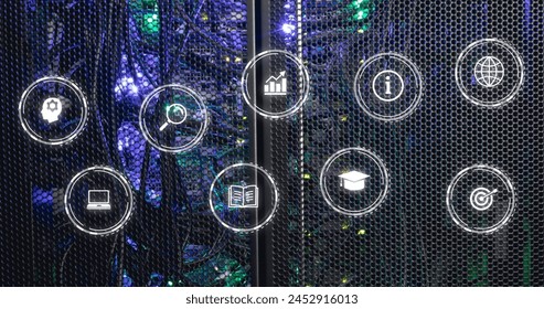 Image of icon in circles over illuminated server rack in server room. Digital composite, multiple exposure, globalization, education, report, business, technology and network server concept.