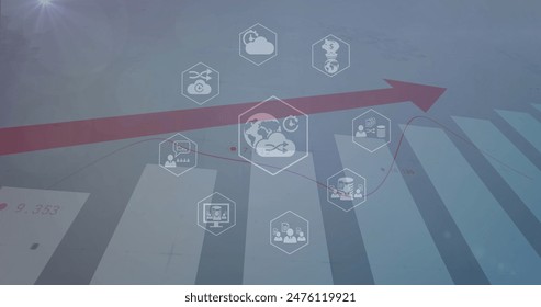 Image of icon in hexagons over bar graphs with numbers and red arrow. Digitally generated, hologram, globalization, cloud computing, growth, report, business, technology.