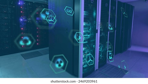 Image of icon in hexagons over data server racks in server room. Digital composite, multiple exposure, hazardous, recycle, data center, networking, technology and network server concept.
