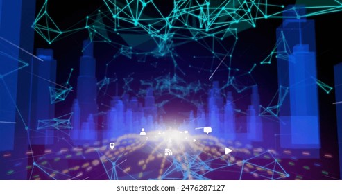 Image of icons, abstract pattern and connected dots with 3d city model over black background. Digitally generated, hologram, illustration, communication, architecture and technology concept.