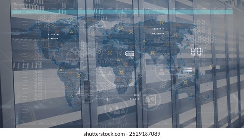 Image of icons in circles and geometric shapes over map against server room. Digital composite, multiple exposure, global, network security, data center, networking, technology, network server.