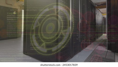 Image of icons, computer language and loading circle over serve room. Digital composite, coding, business, progress, data center, networking, technology and network server concept.