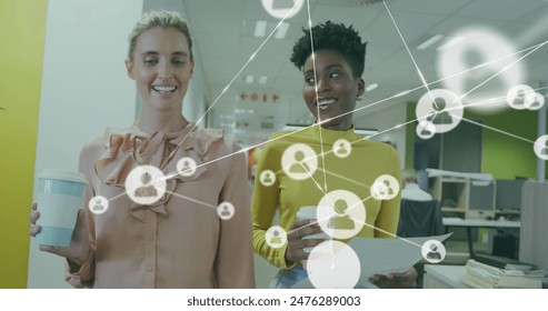 Image of icons connected with lines, diverse female coworkers discussing while walking in office. Digital composite, multiple exposure, planning, teamwork, beverage and communication concept. - Powered by Shutterstock