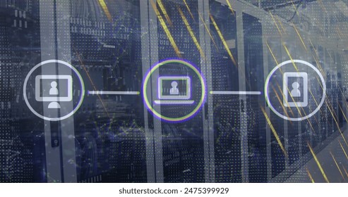 Image of icons connected with lines over falling abstract patterns against server racks. Digital composite, multiple exposure, data center, networking, technology and network server concept.