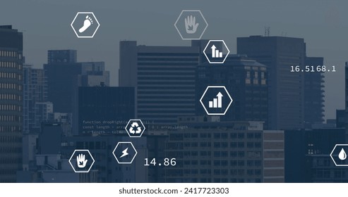 Image of icons and data processing over cityscape. Global business, computing and digital interface concept digitally generated image.