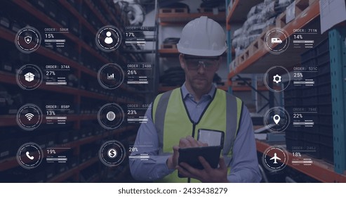Image of icons with data processing over caucasian male worker using tablet in warehouse. Global delivery, shipping, communication and retail concept digitally generated image.