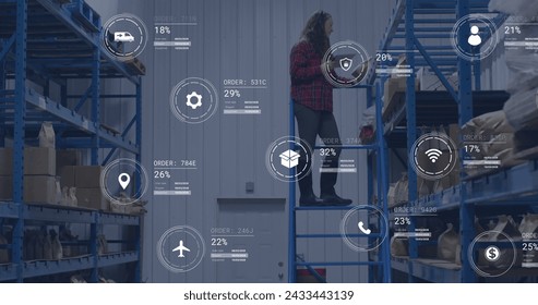 Image of icons with data processing over caucasian male worker in warehouse. Global delivery, shipping and retail concept digitally generated image.