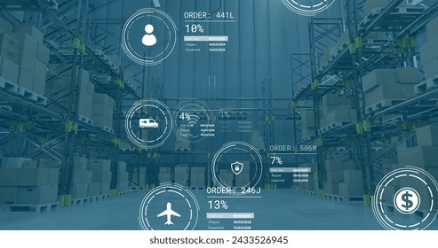 Image of icons with data processing over warehouse. Global delivery, shipping and retail concept digitally generated image.