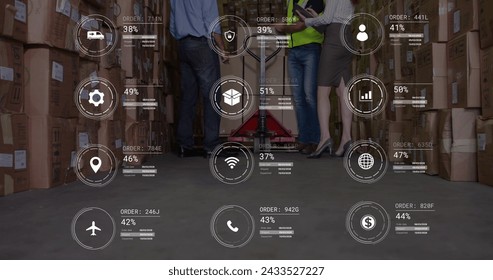 Image of icons with data processing over diverse workers in warehouse. Global delivery, shipping and retail concept digitally generated image.