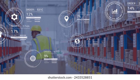 Image of icons with data processing over caucasian male worker in warehouse. Global delivery, shipping and retail concept digitally generated image.