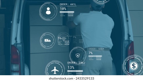 Image of icons with data processing over caucasian delivery man packing boxes. Global delivery, shipping and retail concept digitally generated image.