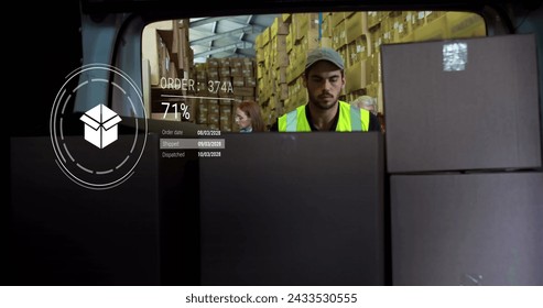Image of icons with data processing over caucasian delivery man in warehouse. Global delivery, shipping and retail concept digitally generated image.