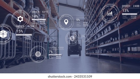 Image of icons with data processing over lift truck in warehouse. Global delivery, shipping and retail concept digitally generated image.
