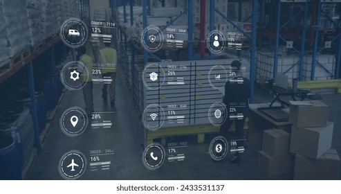 Image of icons with data processing over diverse workers in warehouse. Global delivery, shipping and retail concept digitally generated image.