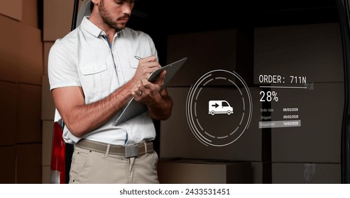Image of icons with data processing over caucasian delivery man taking notes. Global delivery, shipping and retail concept digitally generated image. - Powered by Shutterstock - Get 15% off with code: PIKWIZARD15