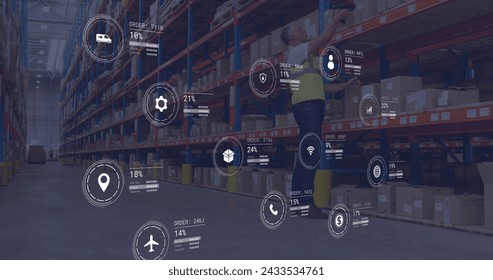 Image of icons with data processing over caucasian male worker in warehouse. Global delivery, shipping and retail concept digitally generated image.
