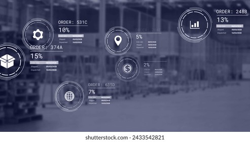 Image of icons with data processing over warehouse. Global delivery, shipping and retail concept digitally generated image.