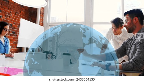 Image of icons and data processing over globe and caucaisan businessmen in office. Global digital interface, cloud computing and data processing concept digitally generated image.