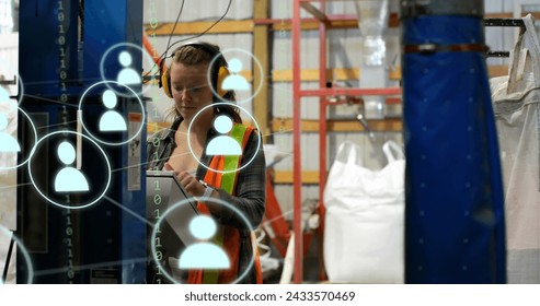 Image of icons and data processing over caucasian woman working in warehouse. Global shipping, digital interface, cloud computing and data processing concept digitally generated image. - Powered by Shutterstock