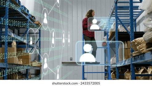 Image of icons and data processing over caucasian woman working in warehouse. Global shipping, digital interface, cloud computing and data processing concept digitally generated image. - Powered by Shutterstock