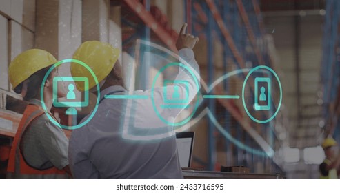 Image of icons and data processing over diverse people working in warehouse. Global shipping, business, finance, computing and data processing concept digitally generated image.