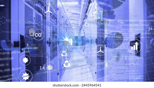 Image of icons and data processing over server room. Global technology, computing and digital interface concept digitally generated image.