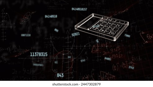 Image of icons and data processing over mathematical equations on black background. Education, learning, knowledge, science and digital interface concept digitally generated image.