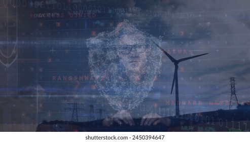 Image of icons and data processing over caucasian hacker and wind turbine. Global technology, computing and digital interface concept digitally generated image. - Powered by Shutterstock