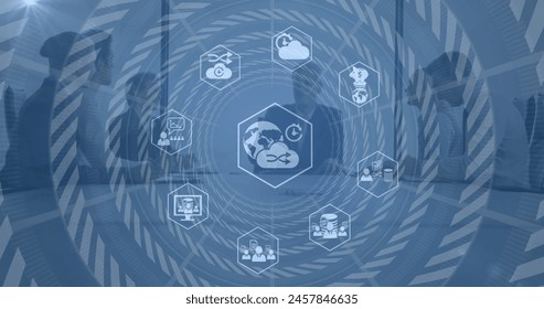 Image of icons and data processing over diverse business people in office. Global finance, business, connections, computing and data processing concept digitally generated image.