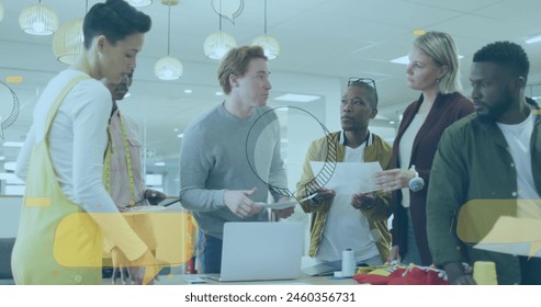 Image of icons and data processing over business people in office. Global computing, finance, business and data processing concept digitally generated image.