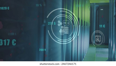 Image of icons and data processing over computer screens. Global business, finances, computing and data processing concept digitally generated image.