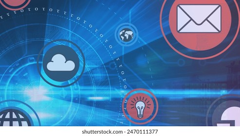 Image of icons and data processing over cityscape. Global computing, finance, business and data processing concept digitally generated image.