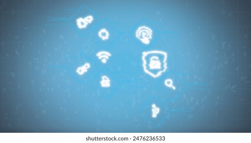 Image of icons and data processing over blue background. Global cloud computing, digital interface and data processing concept digitally generated image.