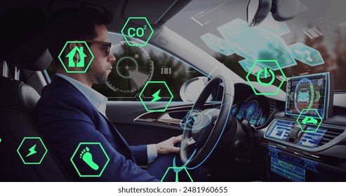 Image of icons and data processing over caucasian man sitting in car. Global technology, transport and digital interface concept digitally generated image.