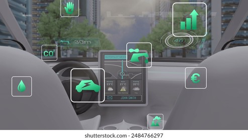 Image of icons and data processing over car interior. Global technology, transport and digital interface concept digitally generated image.