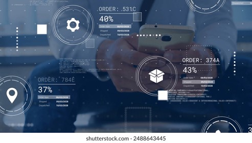 Image of icons and data processing over caucasian man using smartphone. Global artificial intelligence, connections, computing and data processing concept digitally generated image.
